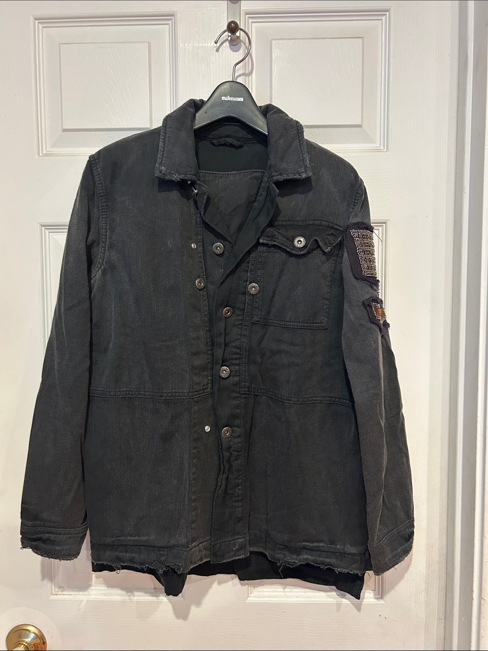 Free People Washed Black Military-Style Field Jacket with Sleeve Patch